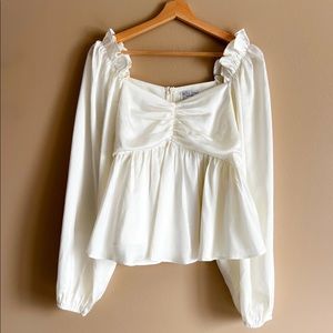 In the style x Lorna Luxe satin puff sleeve frill blouse